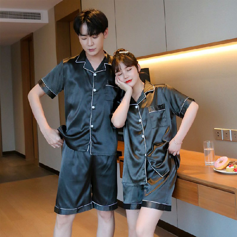 A wholesale set of short-sleeved couple pajamas for spring and autumn, featuring solid ice silk color faux silk for both men and women, can be worn as outerwear for home wear pic 18