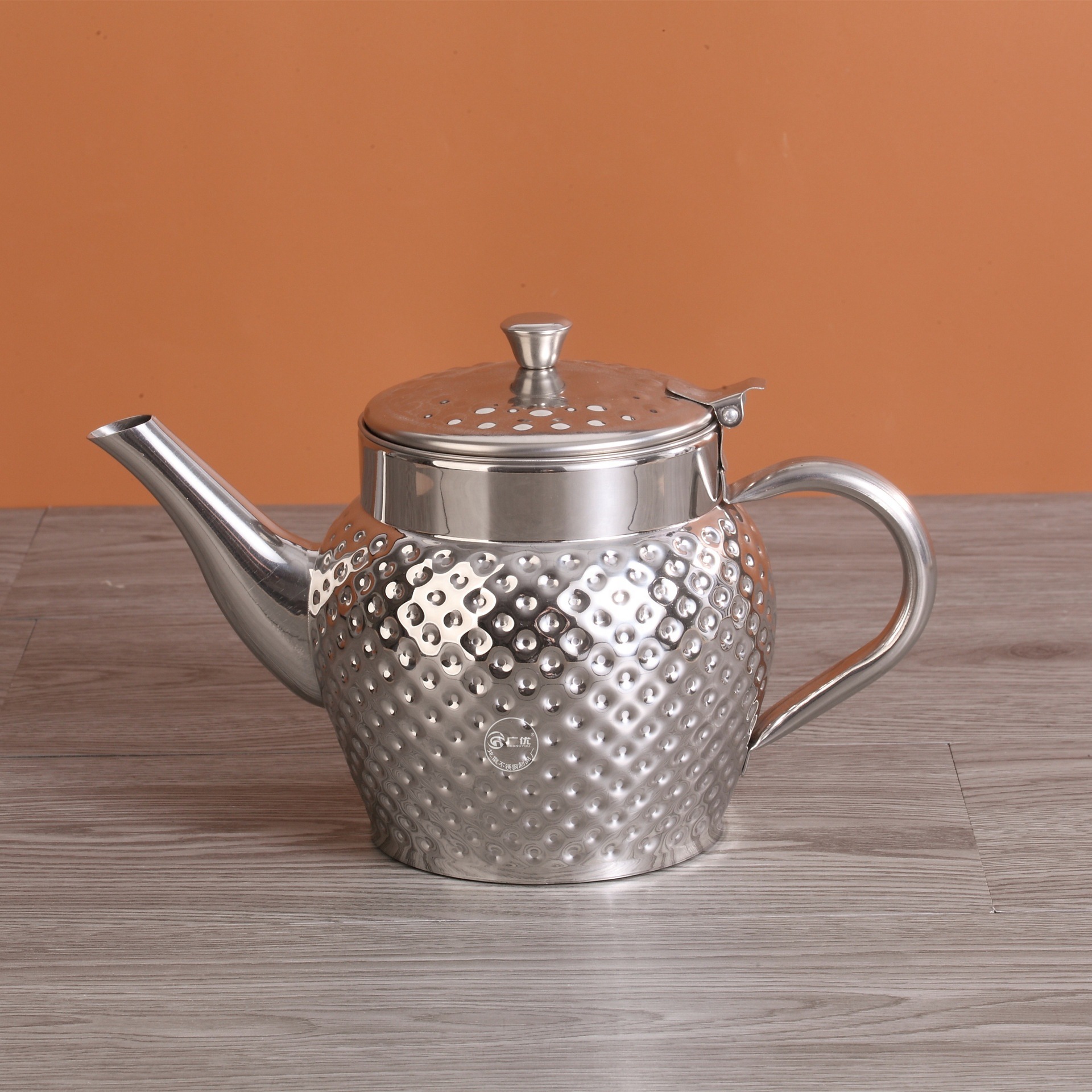跨境不锈钢水壶安士咖啡壶无磁印度茶壶镀金锤纹带滤油网详情2