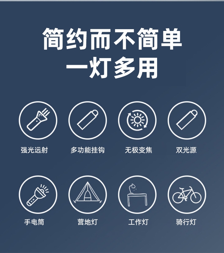 2023跨境新款铝合金大功率P50伸缩变焦强光手电USB充电户外露营灯详情3