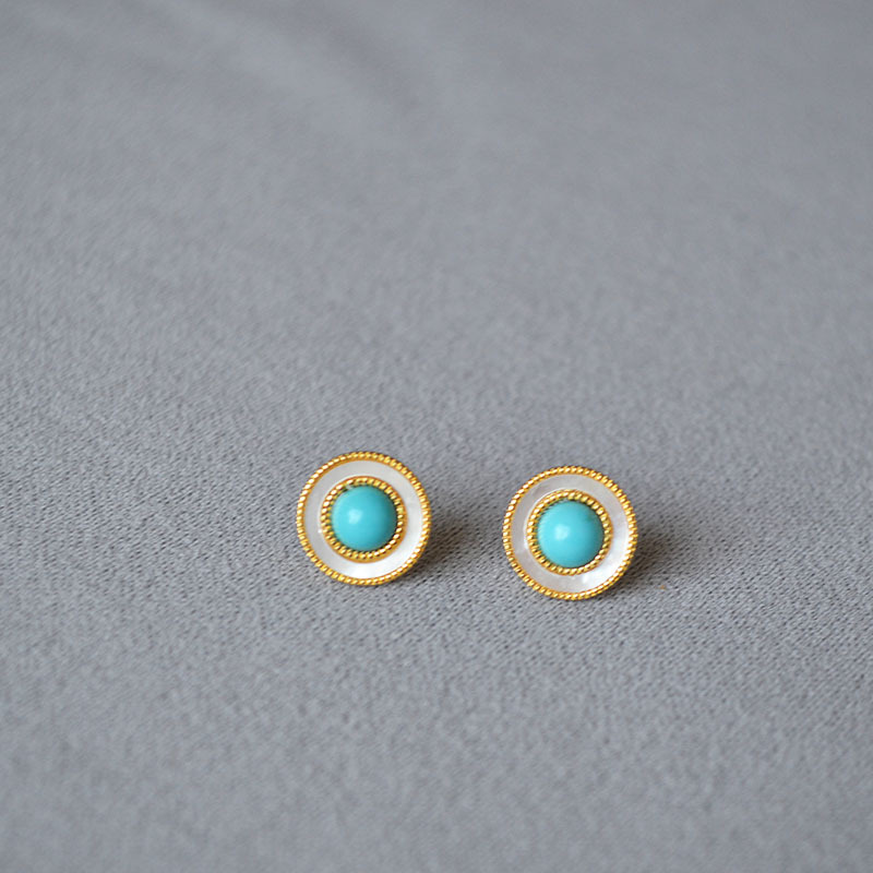 法式复古白色贝母镶嵌绿松石金珠花边气质简约925银针圆耳钉耳饰详情3