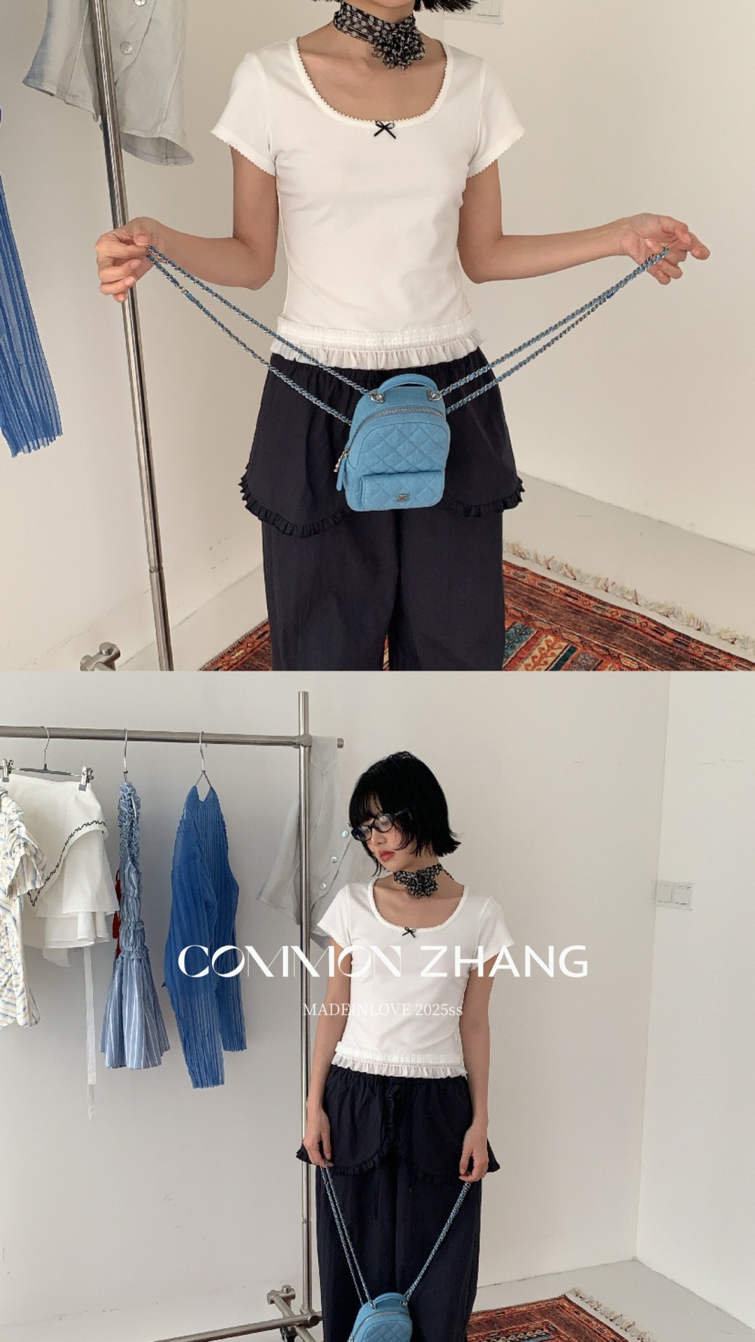 CZ ZHANG夏季韩版少女感减龄蝴蝶结拼接U领纯色天丝短袖T恤B20757详情14