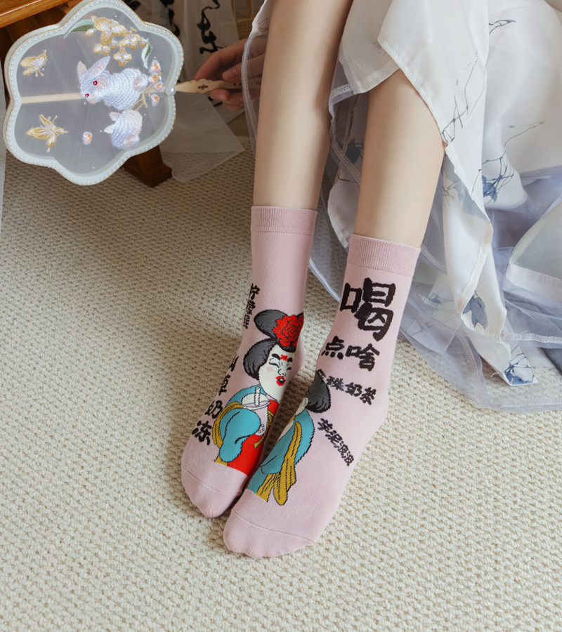 国潮袜子女原创设计古风水墨画AB鸳鸯女棉袜敦煌飞天白蛇传潮流中筒袜详情22