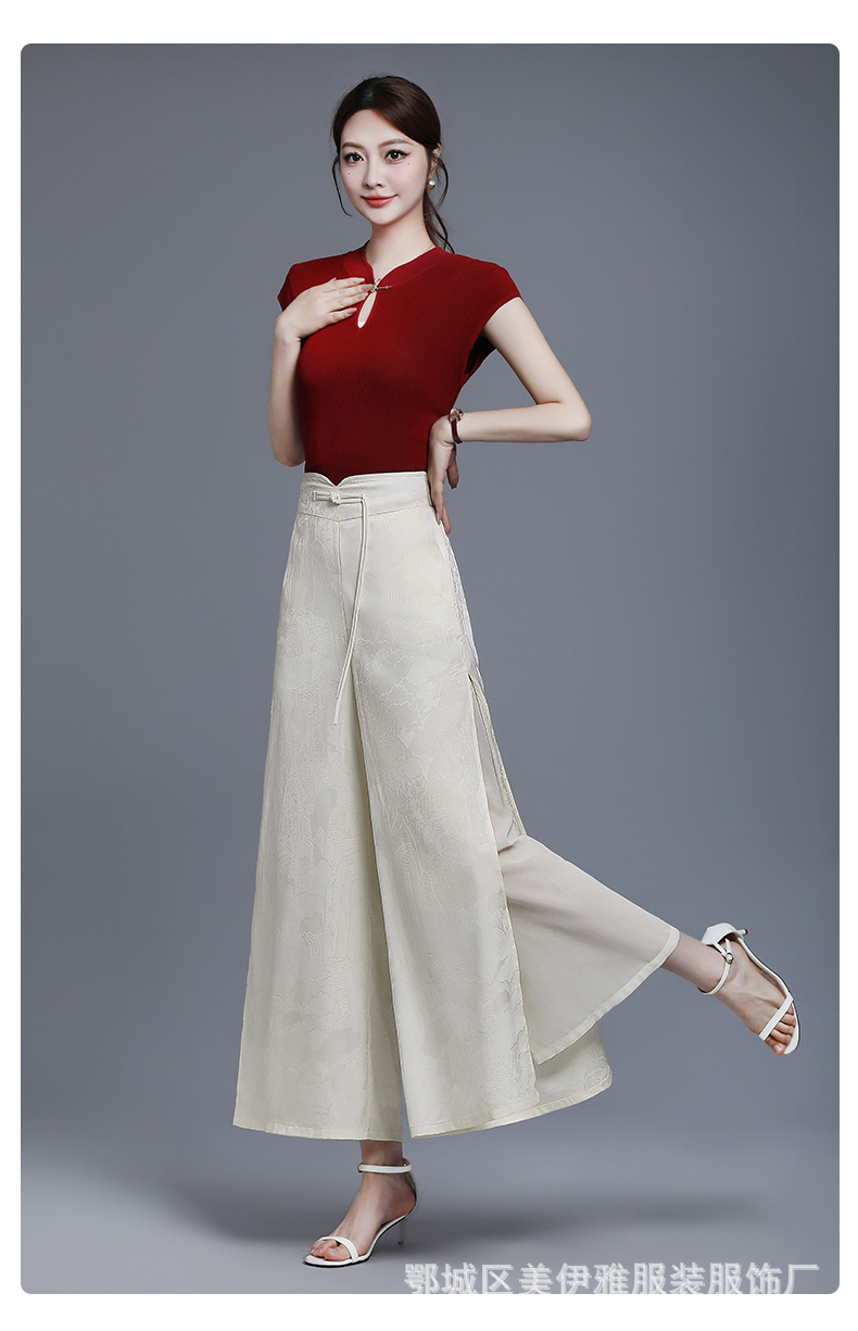 国潮新中式开叉提花冰丝阔腿裤女夏季薄款高腰垂感宽松妈妈休闲裤裙裤国潮详情9