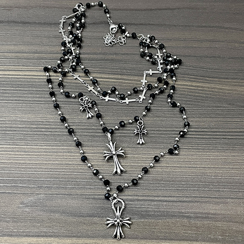 Retro cross-flower pendant black bead necklace, multi-layer layered punk, ins style, high-end collarbone chain, hot girl necklace pic 12