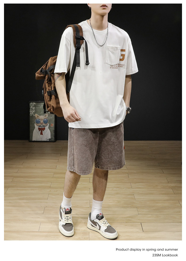 Verano nuevo pound manga corta camiseta hombre holgado tallas grandes marca de moda versátil cuello redondo medio puño bolsa decorativa cuerpo pic 12