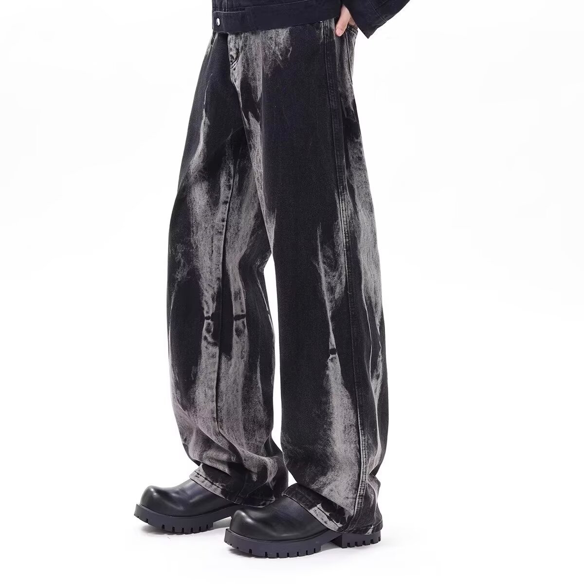FUIV 扎染水洗垂感牛仔裤男女新款渐变宽松显瘦直筒阔腿拖地裤子详情6