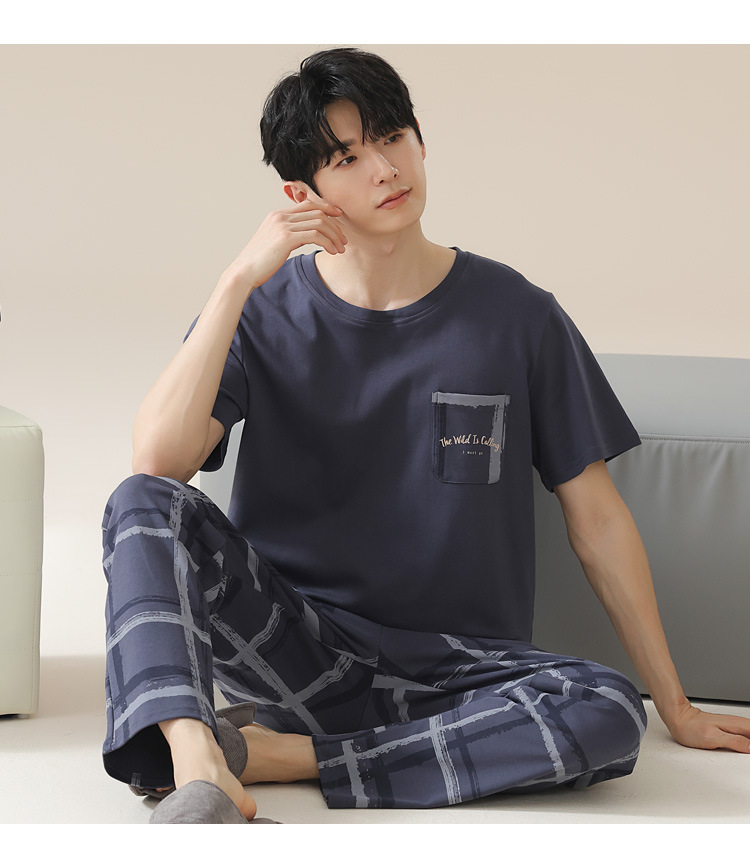 Summer pure cotton pajamas for men, cartoon casual short-sleeved shirts and long pants, pure cotton comfortable home wear, summer youth student set pic 40