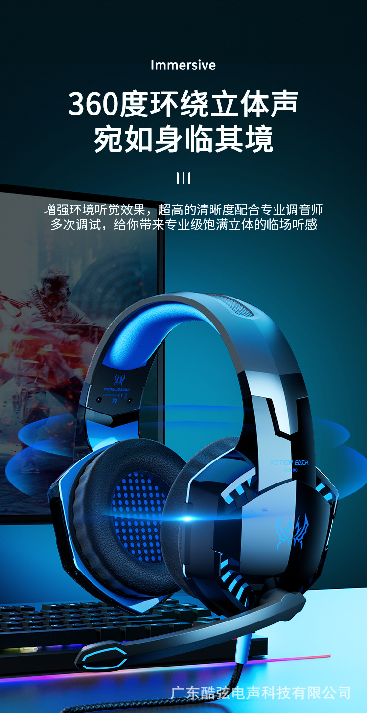 Inzo G2000 over-ear headphones, wired desktop computer, gaming with microphone, 3.5mmUSB digital accessory pic 3