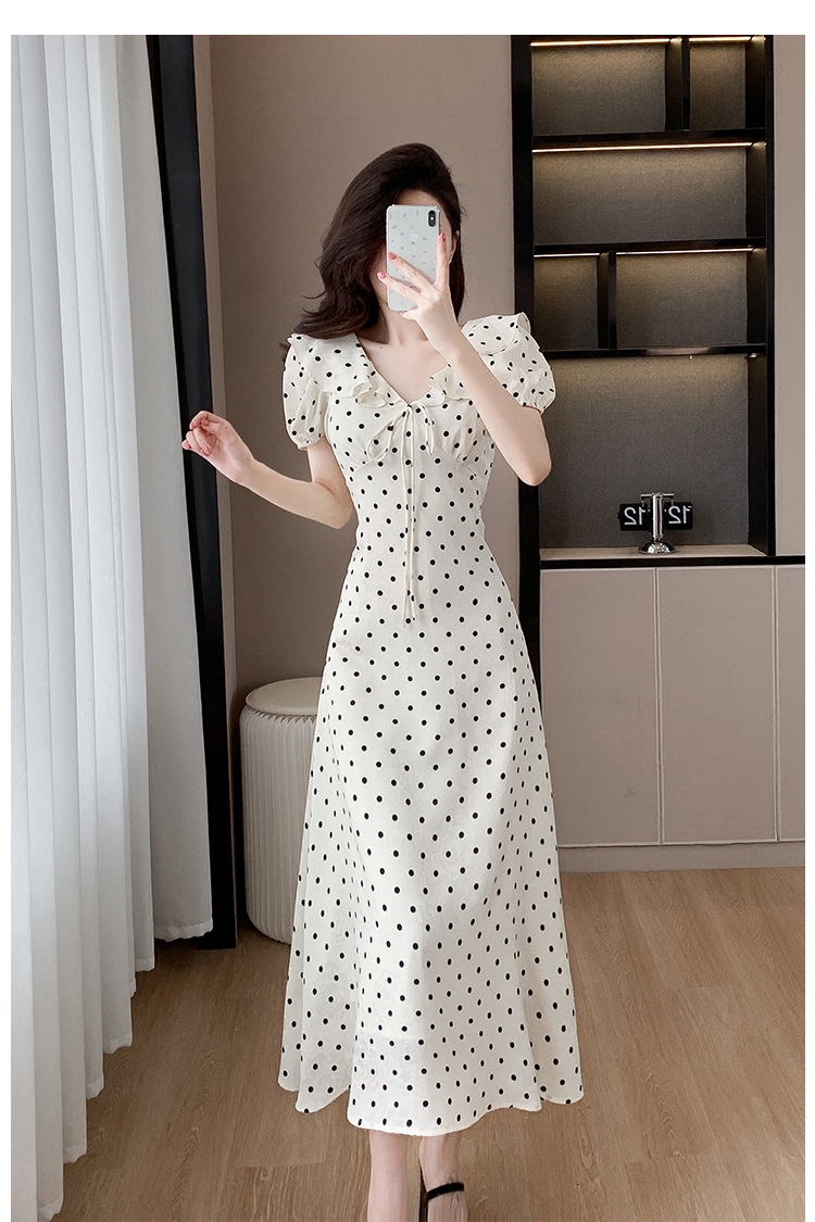 High-quality summer Korean-style sweet and slimming dress with lotus leaf collar, waist-cinching tie, puffed sleeves and jacquard polka dot pic 17