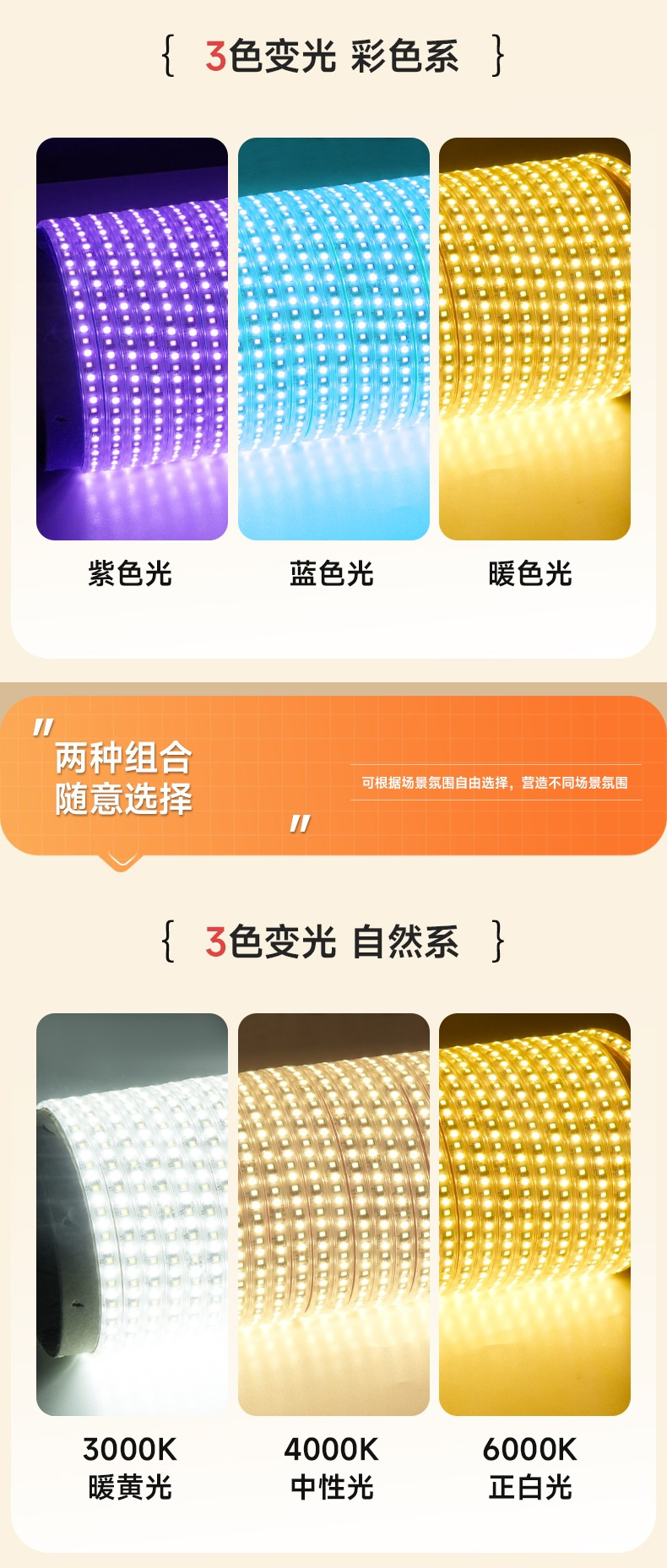 led三色变光灯带外贸专供220V室内吊顶新年氛围超亮户外防水灯条详情15
