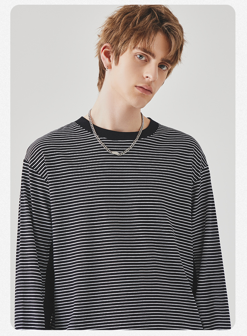 APO男装|撞色条纹长袖T恤男士春秋季潮牌宽松圆领内搭上衣打底衫详情21