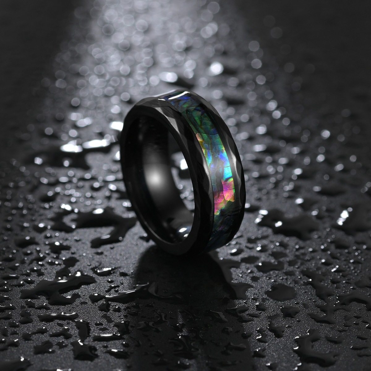 European and American cross-border style diamond-shaped edge-plated black rose gold ring for men, titanium steel set abalone shell ring pic 6