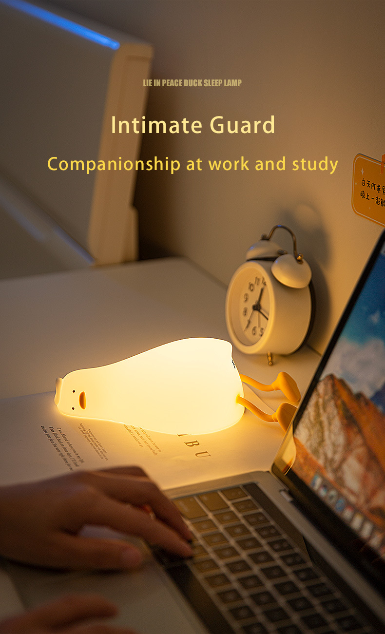 Lying flat Duck night light, patting light, silicone LED, turning duck, charging, bedside companion, mobile phone stand, night light creativity pic 8