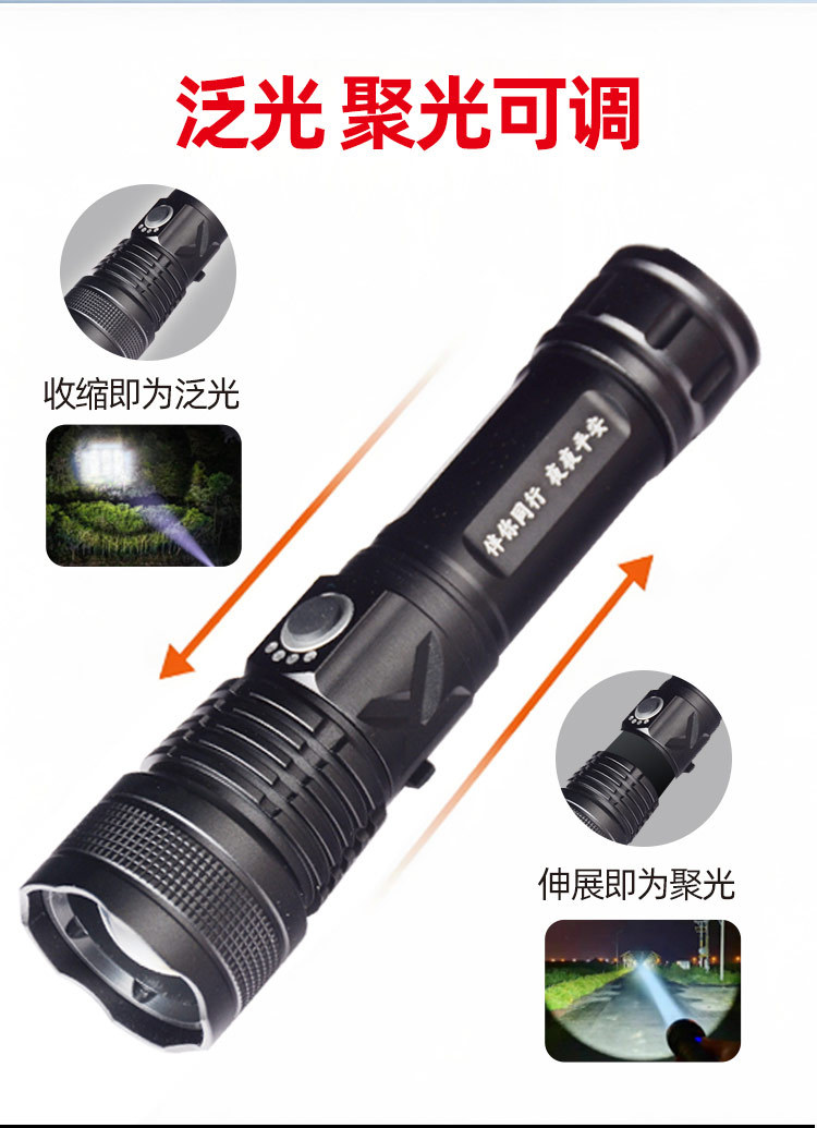 特种兵强光远射手电筒铝合金伸缩变焦USB充电P70白激光应急手电详情4