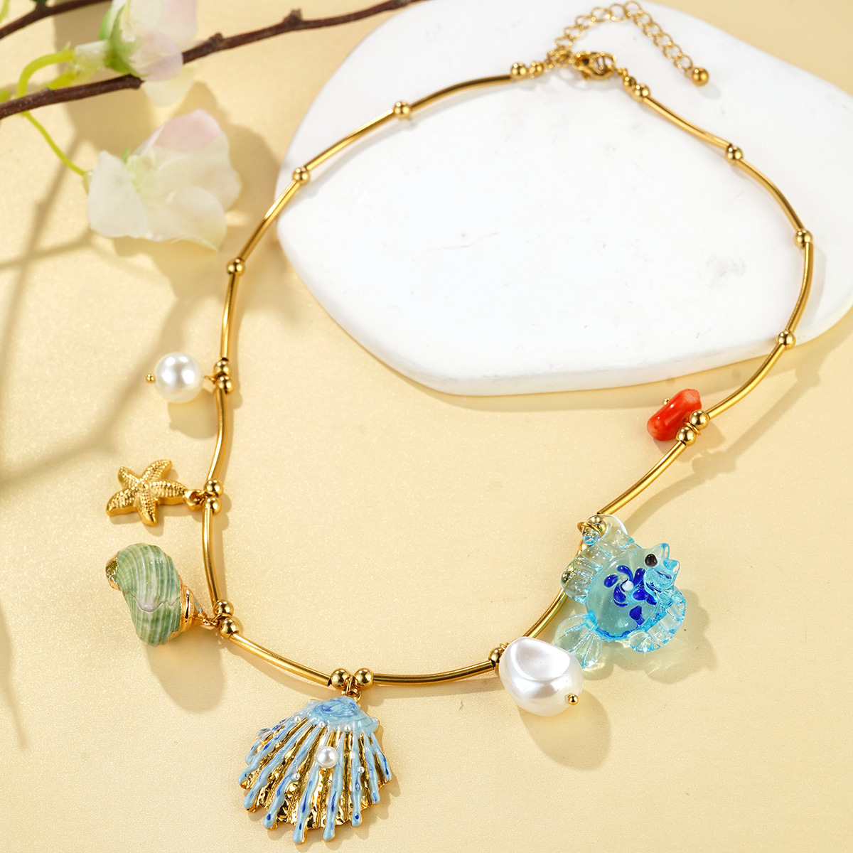 欧美不锈钢花朵蝴蝶手链时尚夏日海滩风贝壳海螺小众项链饰品批发详情20