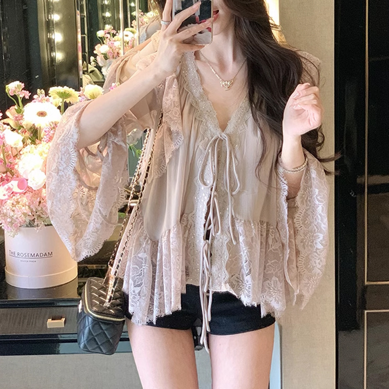 新中式【少女双调】2025新款春装气质雪纺衫小衫长袖蕾丝衬衫女百搭上衣详情7