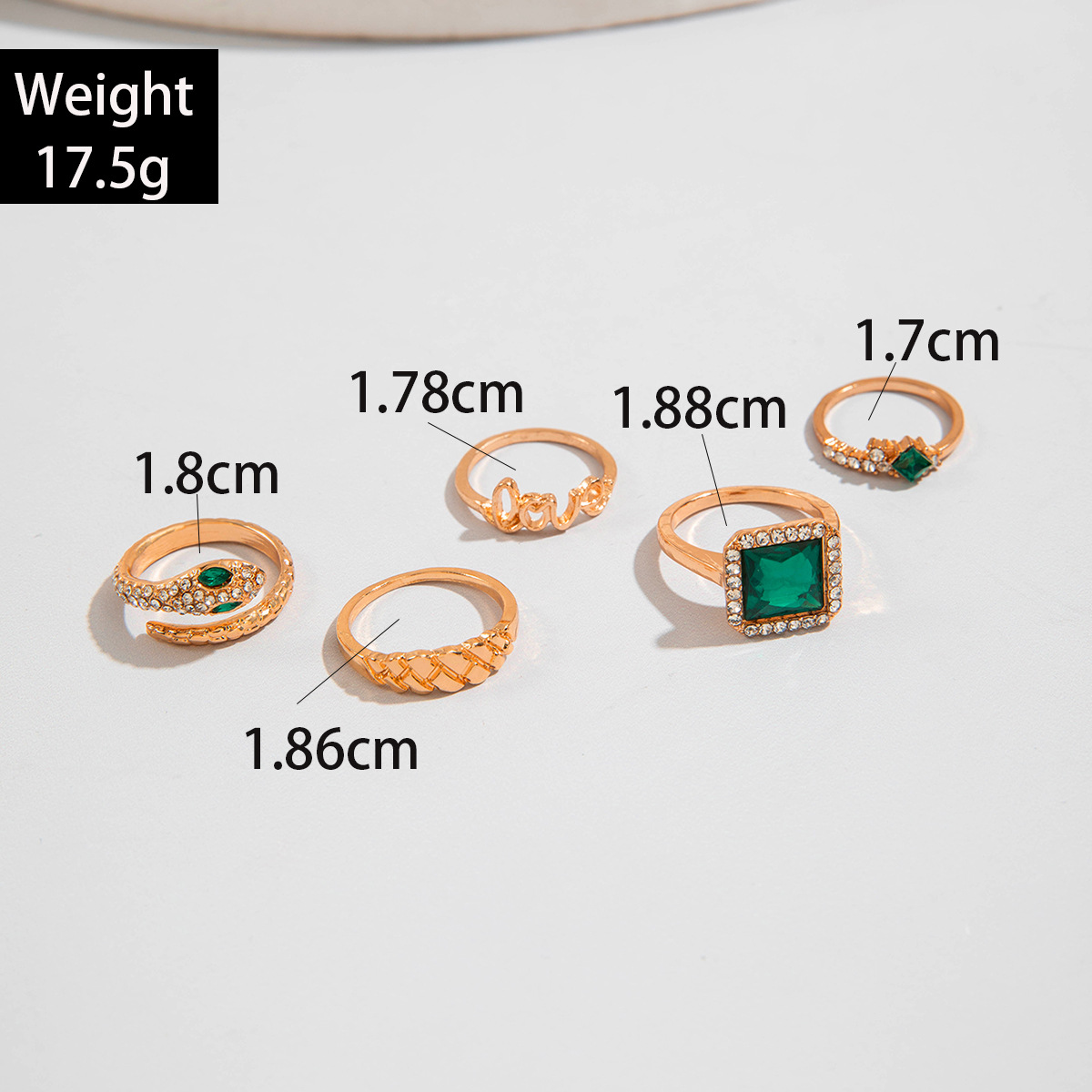 欧美跨境复古金属仿祖母绿镶钻戒指套装设计感爱心蛇形戒指套装女详情11