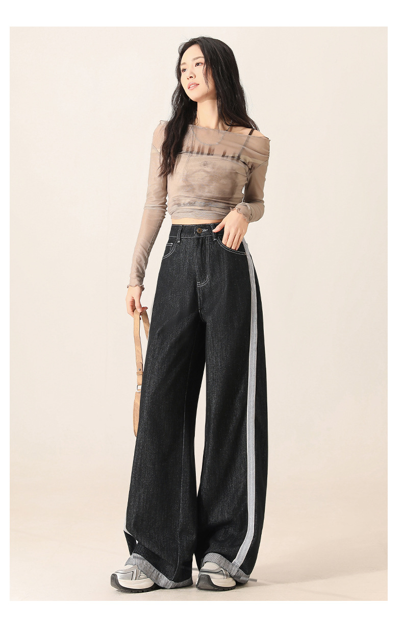 Denim wide-leg jeans for women, Spring 2025 new style, color-blocking and patchwork high-waisted loose straight-leg floor-length pants pic 28