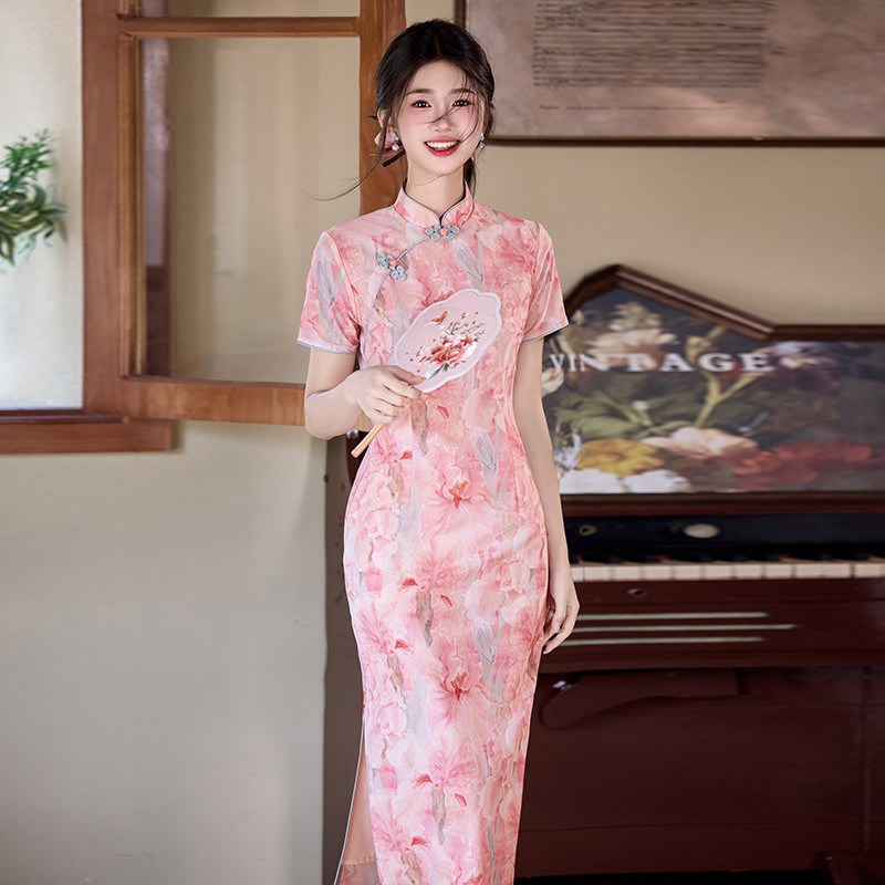国潮粉色国风传统中式长款旗袍改良年轻款2025新款女复古修身短袖夏季详情12