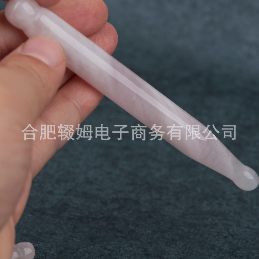 批发外贸天然粉晶玉石按摩器脸部面部刮板质感温润手工打磨穴位笔详情27