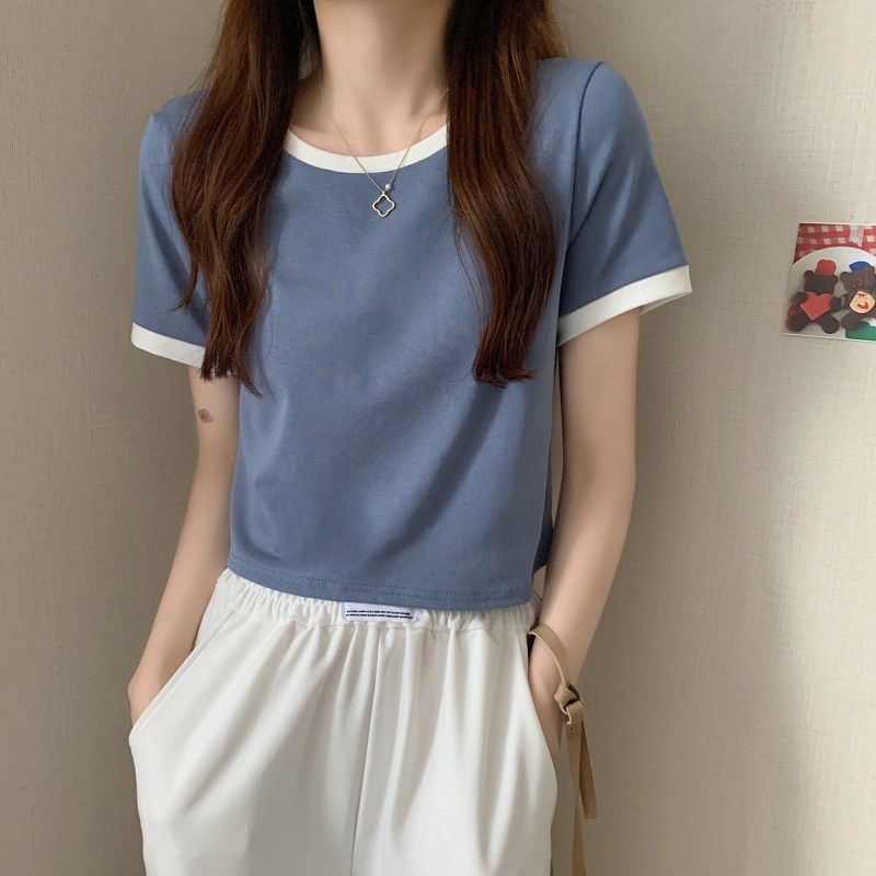 撞色圆领短袖t恤女2024年新款夏季打底衫韩版修身短款学生上衣潮详情7