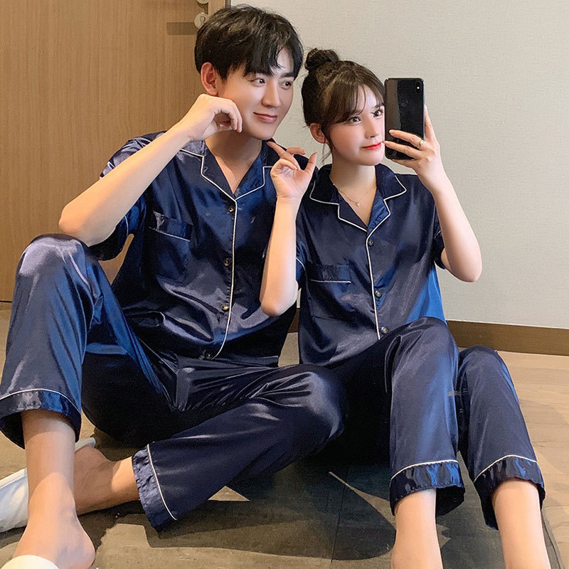 A wholesale set of short-sleeved couple pajamas for spring and autumn, featuring solid ice silk color faux silk for both men and women, can be worn as outerwear for home wear pic 6