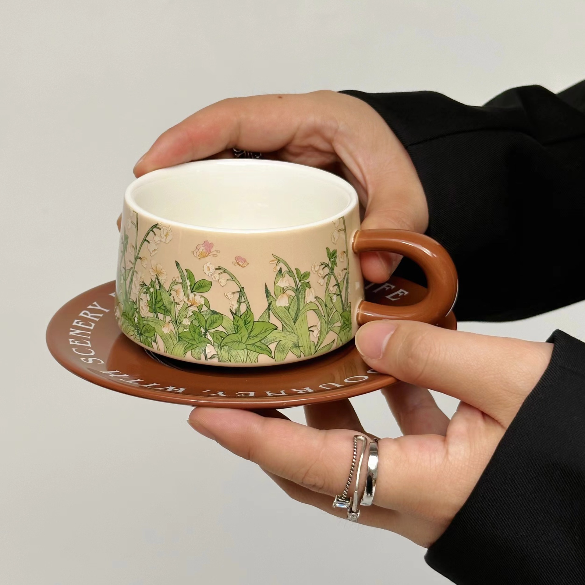 复古美式陶瓷杯碟中古风油画绿铃兰花咖啡杯碟赫本风下午茶马克杯详情5