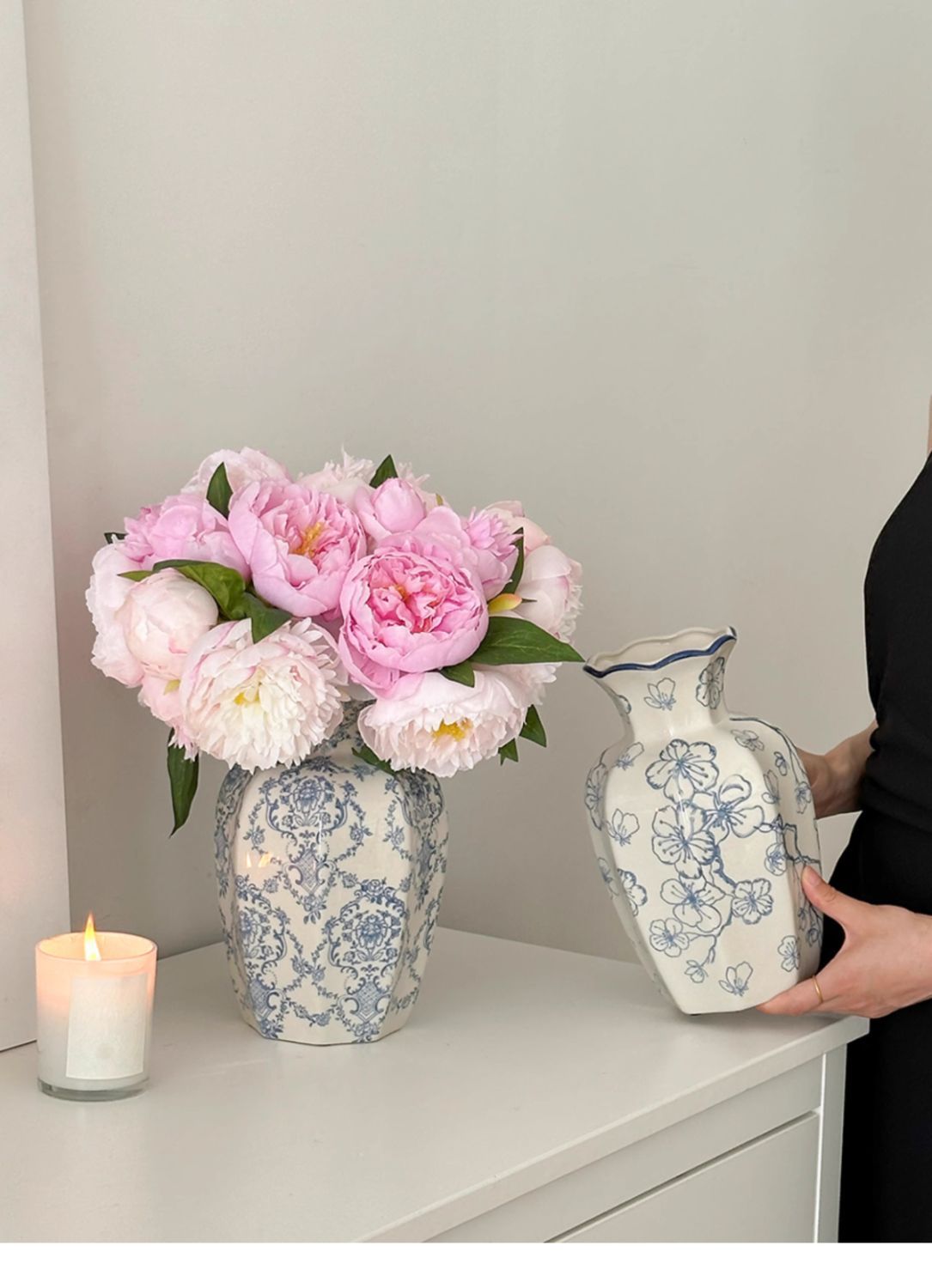 New blue and white porcelain ceramic vases, new Chinese-style ornaments, living room flower arrangements, entrance hall decorations, ancient-style simulated peonies pic 14