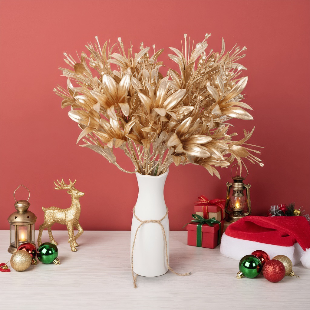 仿真金色花材单支跨境新款金色插枝插花多叉百合家居装饰厂家直销详情3