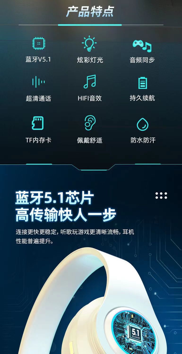 重低音网红跨境爆款B39发光蓝牙耳机超长续航无线头戴式厂家直销-详情2