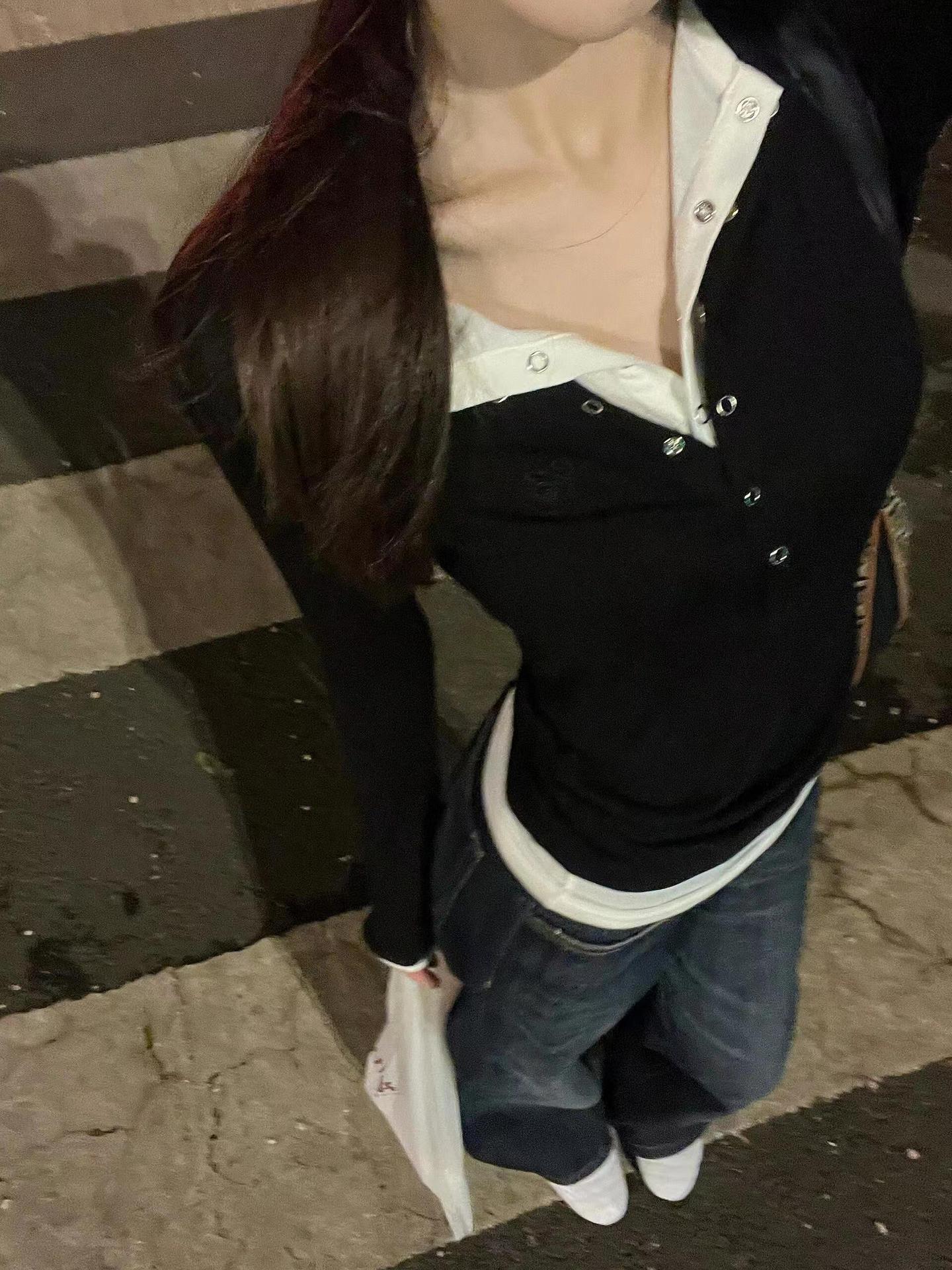 黑色拼接女性上半身衬衫简约时尚百搭修身设计感详情2