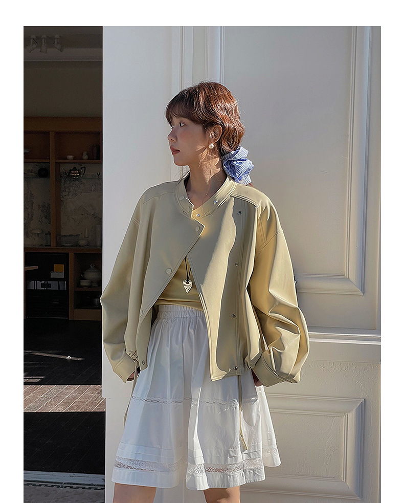 【歌铭】韩系通勤立领皮衣夹克女春季新款复古机车服短外套W733B详情24