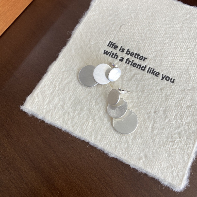 泰国小众文艺复古三层圆片拉丝耳环S925银针几何圆形叠片简约耳钉详情6