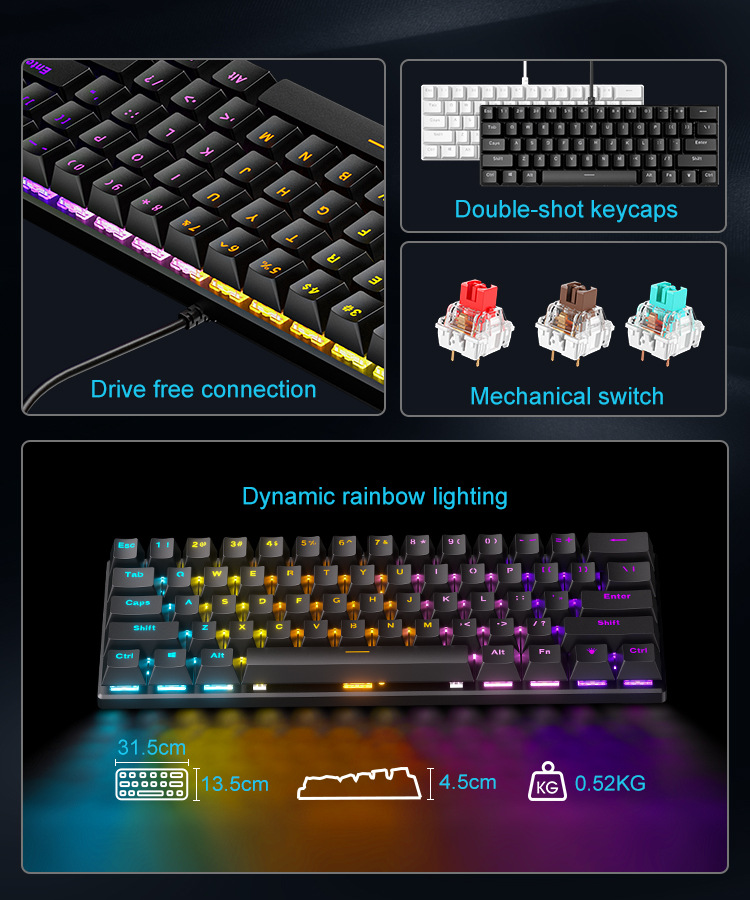 Special offer: Cross-border BD61 wired mechanical keyboard with red, blue and tea switches mixed optical gaming 61-key mechanical keyboard pic 9