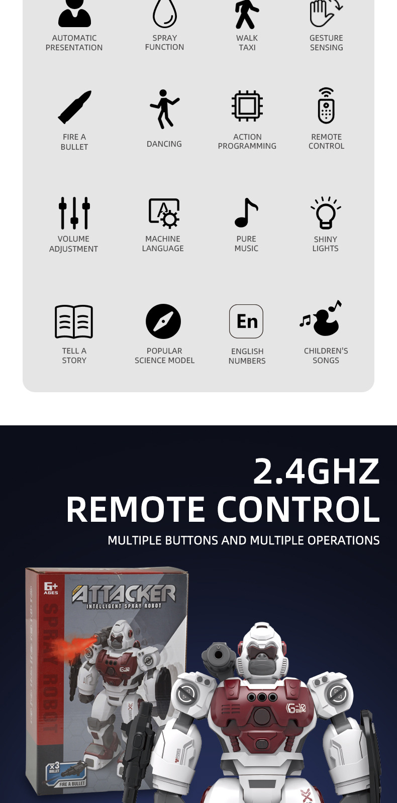 Remote-controlled programmed robot, missile shooting, spray sensing, gesture singing, dancing, storytelling, smart early education toy pic 2