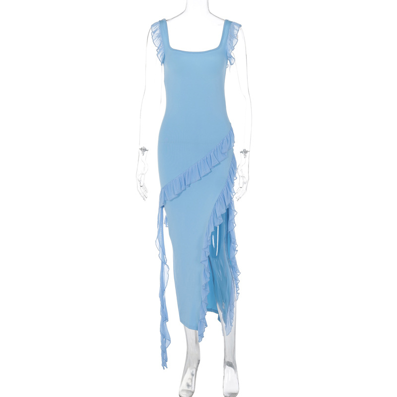欧美风跨境女装2024夏秋季新款时尚性感木耳边拼接气质开叉连衣裙详情58