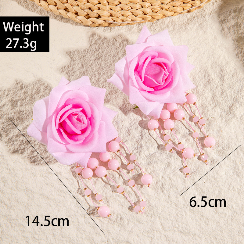 欧美跨境时尚清新布艺花朵流苏串珠优雅甜美情人节礼物耳坠耳环女详情11