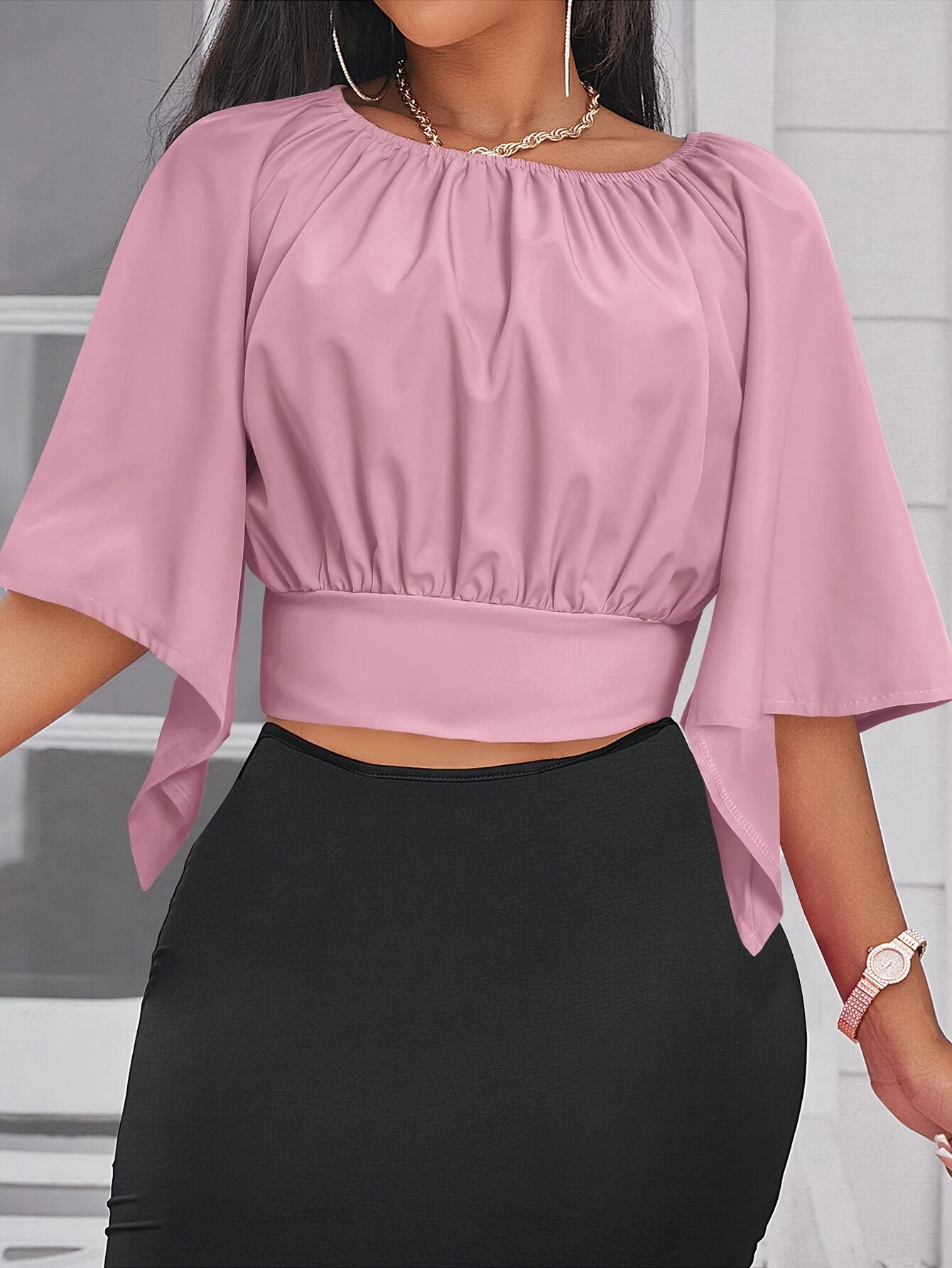 Tie Back Ruched Blouse Elegant Solid Color Blouse For跨境 pic 2