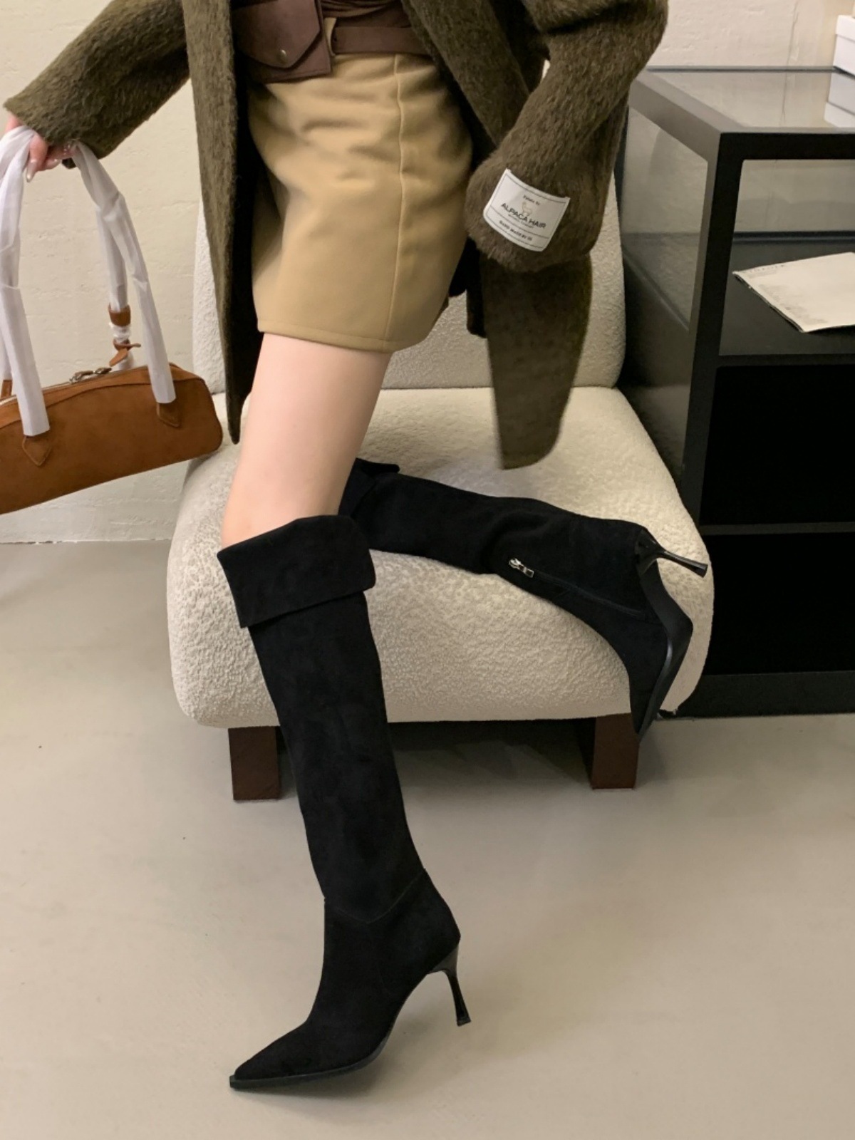法式一靴多穿高细跟尖头堆堆过膝靴女春秋款侧拉链复古瘦瘦过膝靴详情22