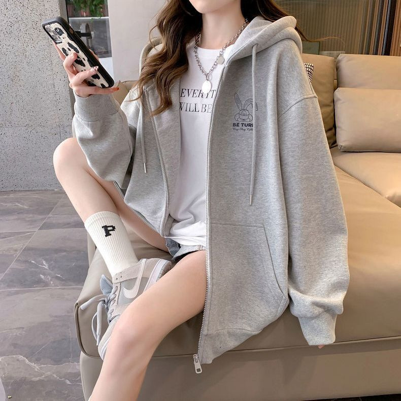 外套女秋季爆款2023新款中长款宽松大码学院风休闲连帽卫衣ins潮详情3