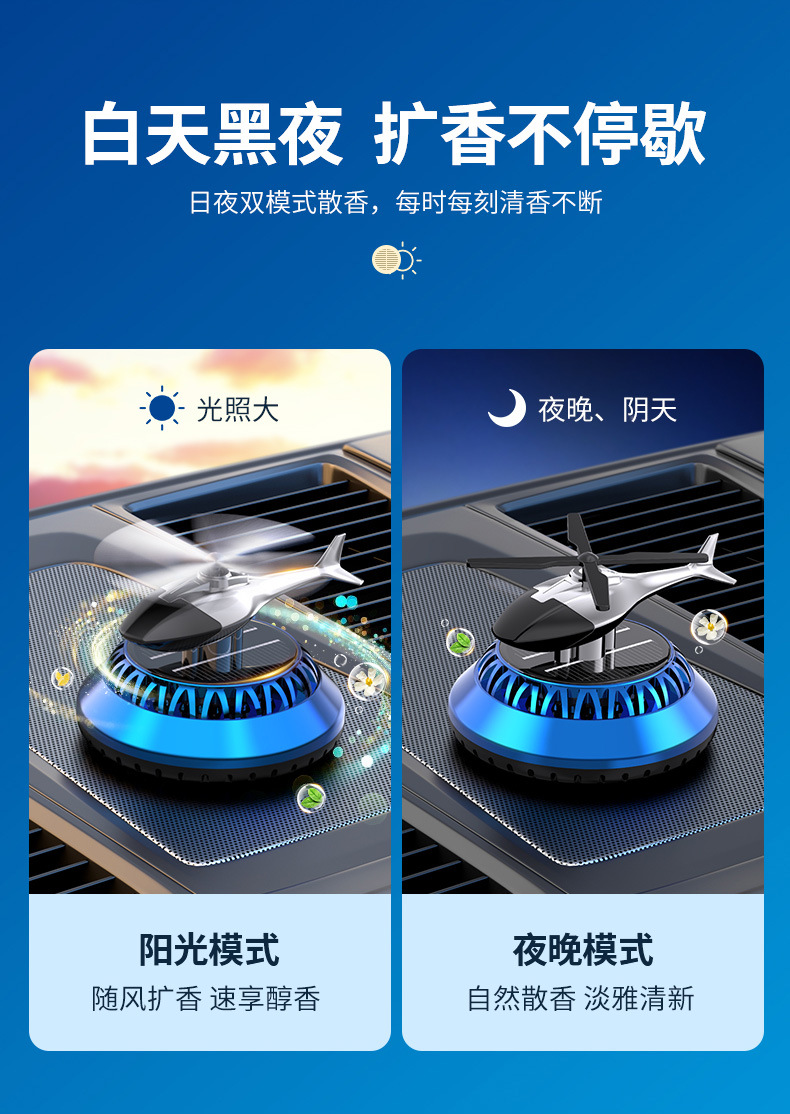 Solar-powered car aircraft aromatherapy ornaments, helicopter car dashboard perfume holders, light-sensing rotating interior accessories pic 4