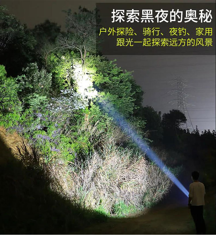跨境爆款ABS强光LED手电USB充电显示户外家用便携夜钓露营手电筒详情11