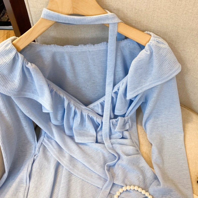 实拍~纯欲甜美荷叶边飘带一字肩收腰褶皱天丝上衣不规则衬衫详情3