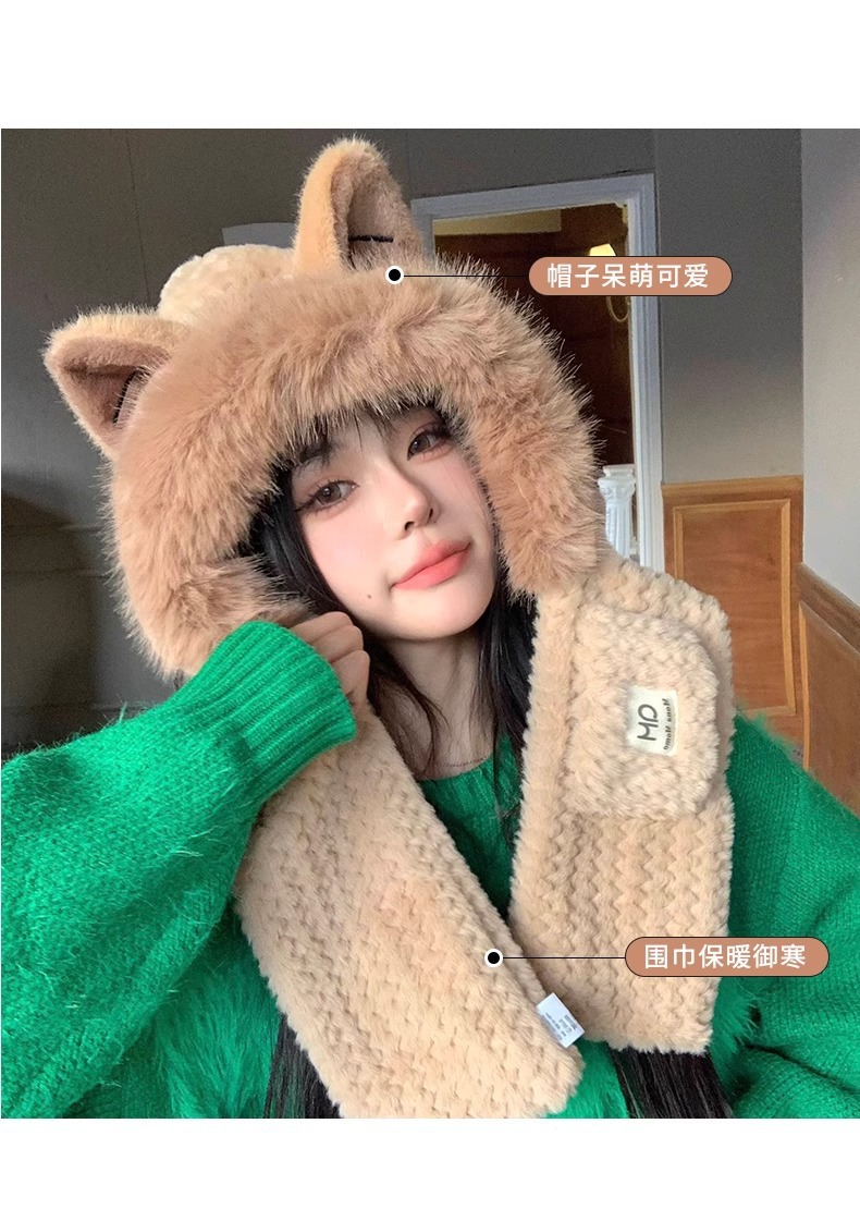 Fox ear hat for women, new autumn and winter fashion, scarf and scarf, warm and cute fur all-in-one hat for women pic 6