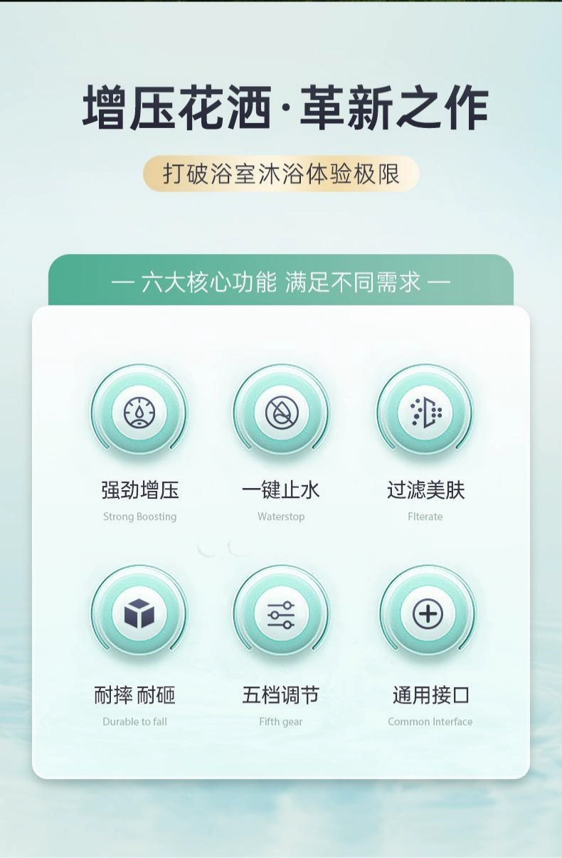 德国爆款家用超强增压花洒喷头浴室热水器涡轮大出水五档过滤花洒详情3