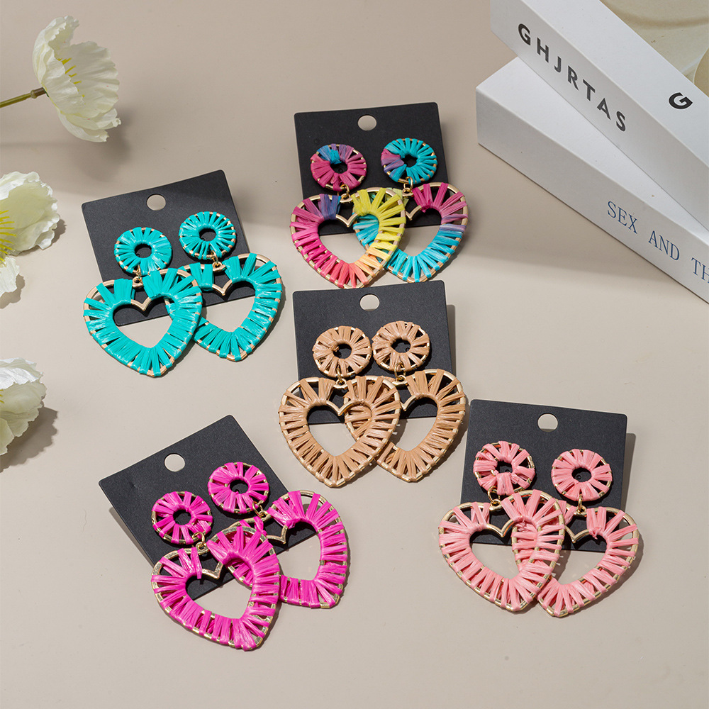 厂家直供欧美潮流气质拉菲草手工编织夸张爱心长款度假风耳环女饰品耳饰详情1