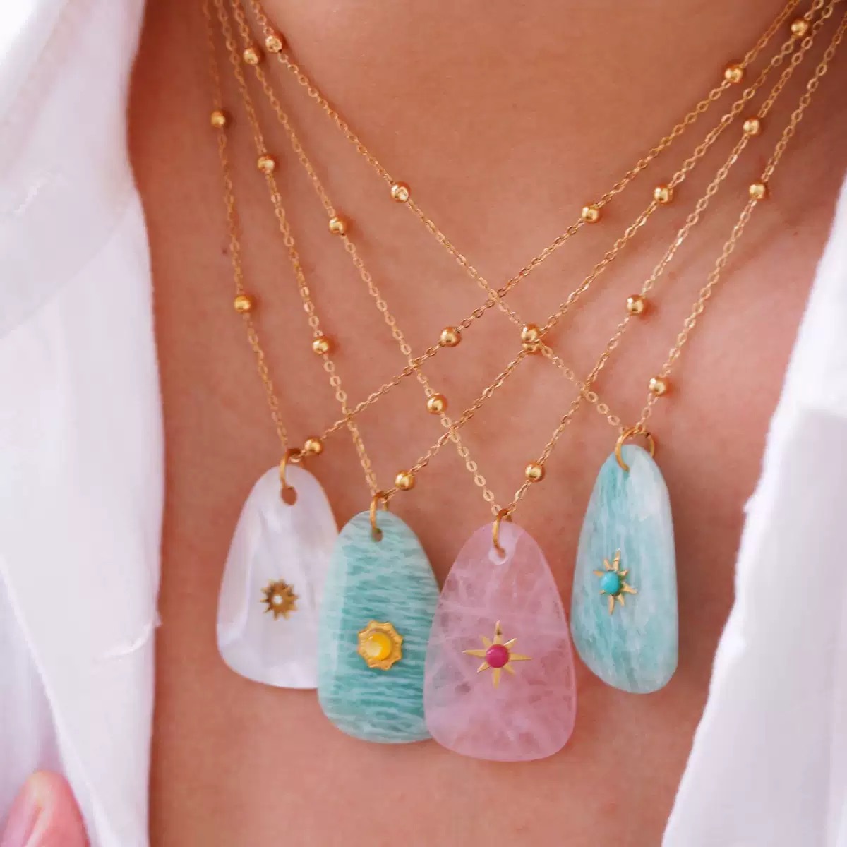 跨境ins时尚轻奢蓝色系列天河石不锈钢14K金项链简约高级手工项链详情14