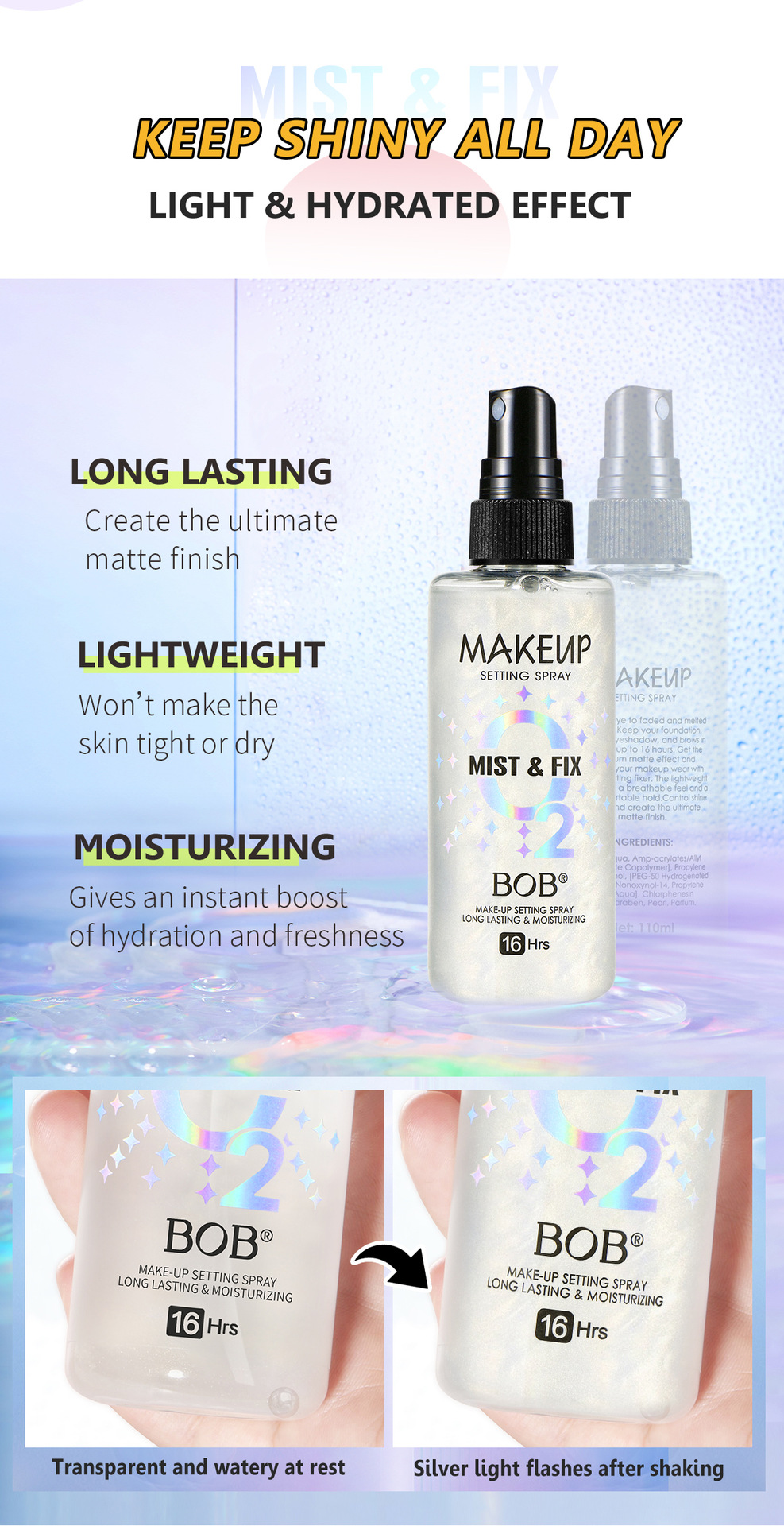 Cross-border bob Setting Spray is long-lasting, does not smudge, is waterproof, sweat-proof, hydrating, moisturizing, oil-controlling, and does not tighten. It is a setting water pic 6