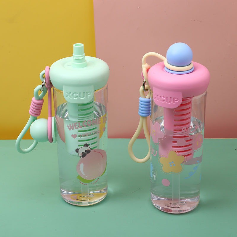 2024 New cartoon large-capacity straw cup, tea-water separation brewing cup, outdoor sports plastic water cup with handle rope pic 3