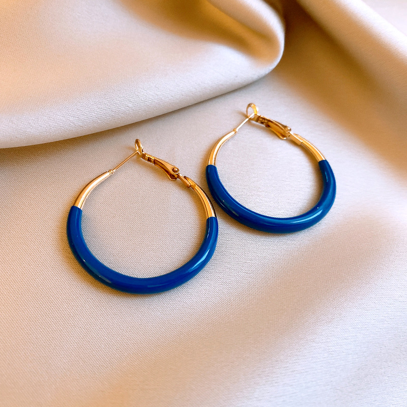 银针跨境蓝色滴油圆形耳环时尚潮流欧美风耳圈夸张设计感耳饰批发详情11